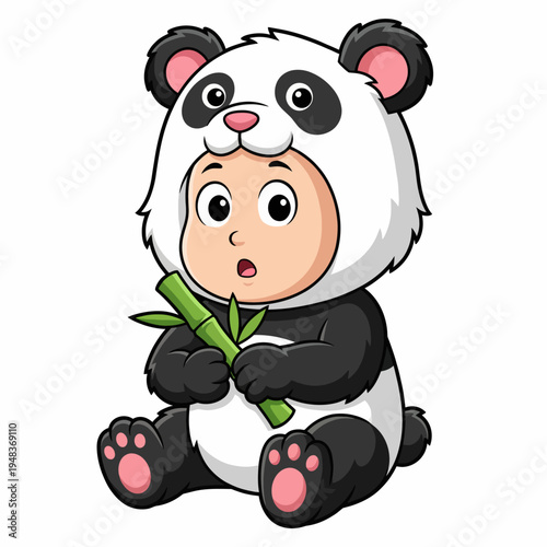 A cute illustration depicting a baby in a panda costume, holding bamboo, representing innocence and playfulness, perfect for children's products or playful branding.