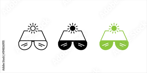 Minimal line icon set. of sunglasses with sun representing summer season, UV protection, sunny weather, vacation lifestyle, and outdoor activities.