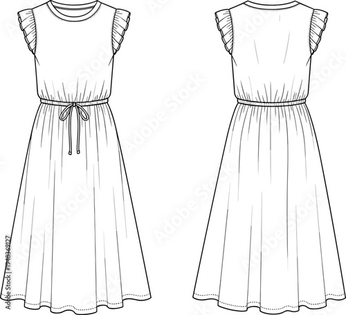 Technical fashion illustration of sleeveless dress with ruffled armholes, round neckline, cinched waist drawstring tie, flared long skirt silhouette