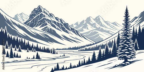 a snowy mountain landscape with trees and mountains Vector