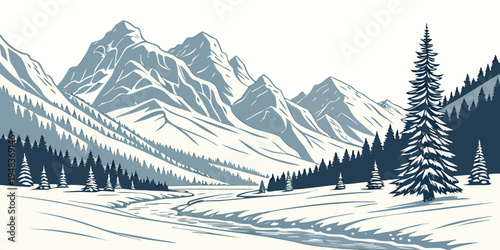 a snowy mountain landscape with a pine tree Vector