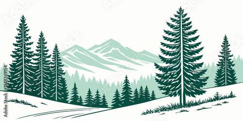 a snowy landscape with pine trees and mountains Vector