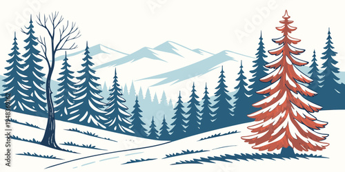 a snowy landscape with a red tree and mountains Vector