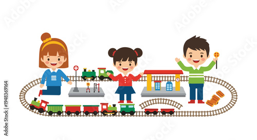 Three happy children, two girls and a boy, joyfully play with an extensive toy train set featuring tracks, locomotives, a station, and signals on a white background.