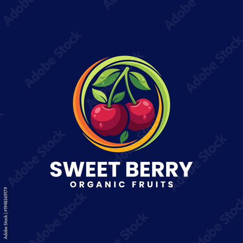 This logo features a delicious pair of cherries, highlighting the theme of organic fruits, incorporating vibrant colors and a sleek design to emphasize freshness and healthy living.