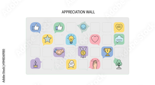 A grey appreciation wall with 28 cells and colorful icons is on a white background.