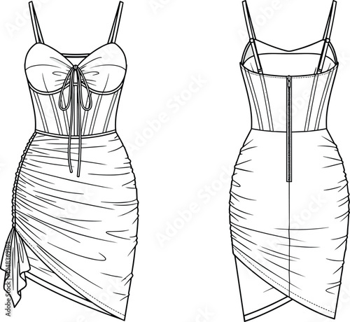 Technical fashion illustration of sleeveless fitted dress with spaghetti straps, sweetheart neckline, lace-up bust, ruched skirt, asymmetrical hemline design