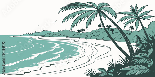 a serene beach scene with palm trees and calm waves Vector