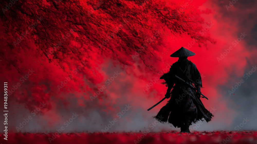 Fototapeta premium Samurai walks beneath trees with intensely red leaves, creating a dramatic contrast between his dark silhouette and the landscape.