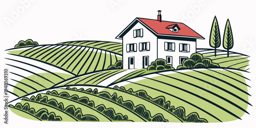 a white house with a red roof sits in a vineyard Vector