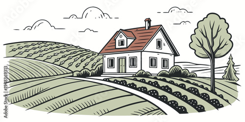 a white house with a red roof on a hill Vector