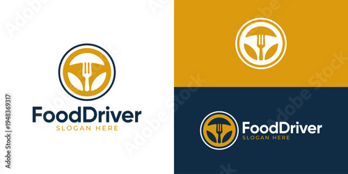 Creative simple food driver logo template. Steering wheel with fork symbol logo design vector illustration.