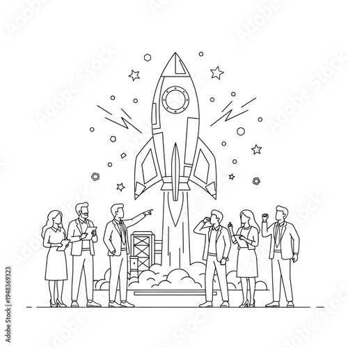 A team of professionals gathered to witness the exciting launch of a rocket, symbolizing a new venture or project.