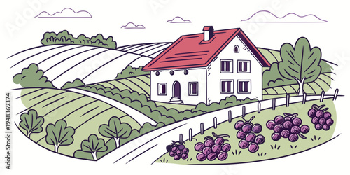 a white house with a red roof and a garden Vector