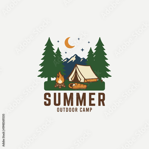 This peaceful outdoor camp illustration captures a cozy tent surrounded by tall trees, a comforting campfire, and a serene backdrop, inviting viewers to experience nature's beauty.