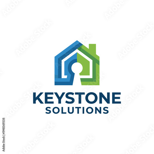 A modern home icon integrated with a key symbol, representing security solutions for residences. This design appeals to real estate, security services, and home improvement markets.