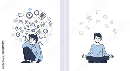 A split image contrasts a stressed man with icons and a calm man meditating.