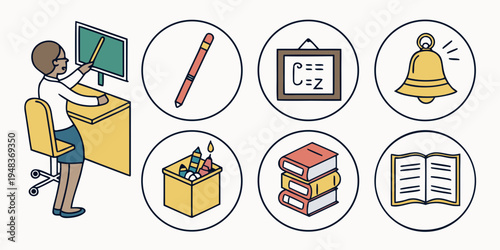 a woman sitting at a desk with various school supplies Vector