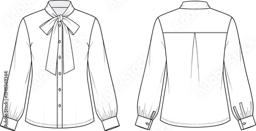 Technical fashion illustration of women’s blouse with bow tie collar, button-down front, long sleeves, gathered cuffs, yoke pleat back design