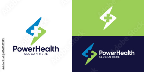 Creative simple power health logo template. Abstract lightning bolt with plus in negative space symbol logo design vector illustration.