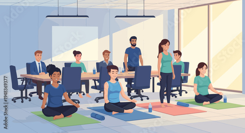 A diverse group of ten people participates in a yoga session in an office.