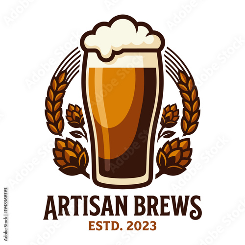 An inviting craft beer logo showcases a tall pint glass overflowing with beer, adorned with barley motifs, epitomizing artisan brewing and a rich heritage in beverage art.