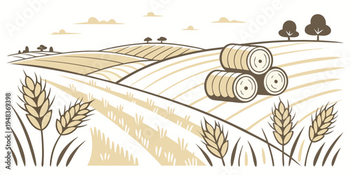 a field with hay bales and wheat plants Vector