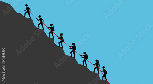 Seven stick figures climb a steep grey mountain with a red rope.