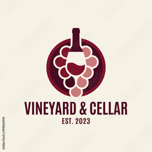 This elegant logo featuring a wine bottle and grapes perfectly embodies the essence of a vineyard, making it ideal for wine brands or cellar businesses looking to capture attention.