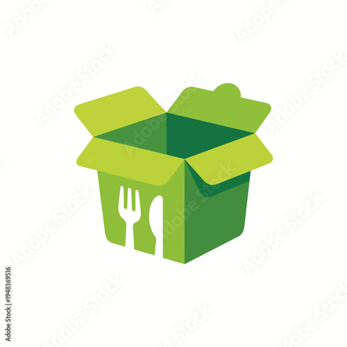 A minimalistic green takeout box design featuring a fork and spoon symbol, representing food delivery and takeaway dining experience in a modern, eco-friendly style.