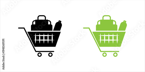 Line icon set. of shopping cart filled with groceries and products representing retail shopping, supermarket purchase, and ecommerce grocery delivery.
