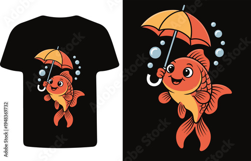 Cartoon goldfish holding an umbrella graphic on a black t shirt
