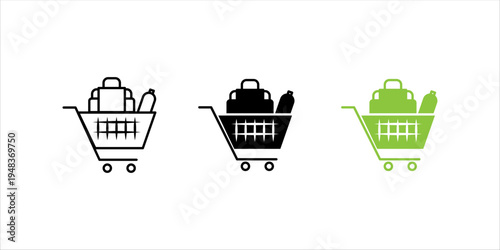 Line icon set. of shopping cart filled with groceries and products representing retail shopping, supermarket purchase, and ecommerce grocery delivery.