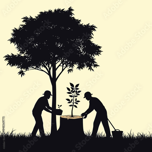 Silhouetted figures working together to plant a new sapling next to a tree stump, symbolizing reforestation and environmental renewal