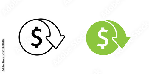 Minimal outline icon set. of dollar symbol with circular arrow representing currency exchange, money transfer, financial transaction, and exchange rate concept.
