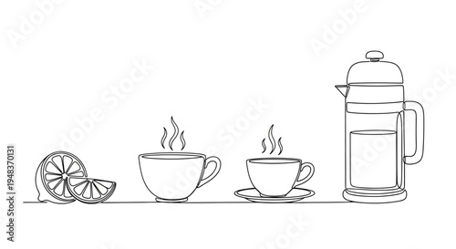 Hot Beverages and Citrus Fruit Illustration A Line Art Composition of Coffee Cups, French Press, and Lemon Slices