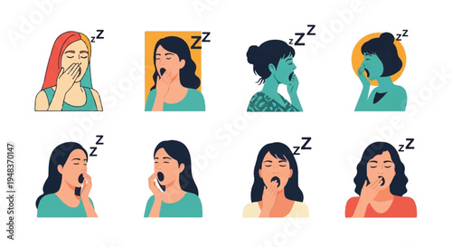 Woman yawning illustrations collection various styles isolated white background