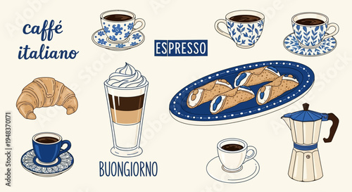 Italian coffee culture and treats illustrated with espresso, latte, croissant, pastries, and a moka pot