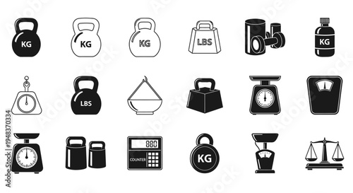 Diverse collection of monochrome vector icons illustrating various weighing scales, balance tools, and measurement weights for design projects and applications