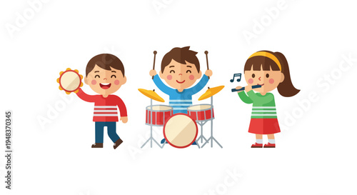 Three cheerful cartoon children play musical instruments, with one boy on tambourine, another on drums, and a girl playing a flute.