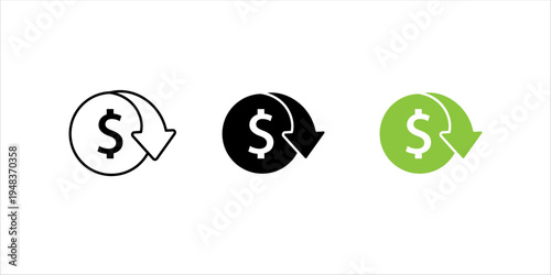 Minimal outline icon set. of dollar symbol with circular arrow representing currency exchange, money transfer, financial transaction, and exchange rate concept.