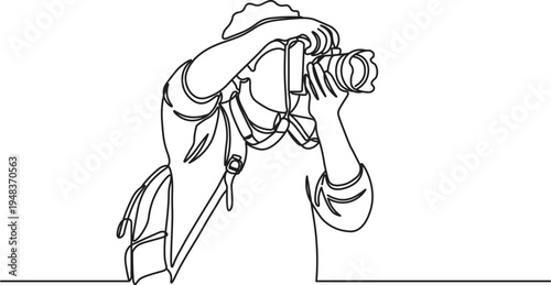 Photographer Line Art Vector, Minimalist Continuous Drawing of a Person with Camera and Backpack