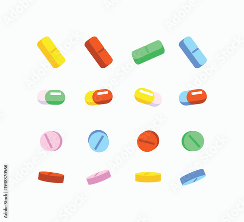 Colorful pills scattered on a plain white background. Each pill varies in shape, size, and hue. No people or animals appear in the image. Ideal for health, medicine, or wellness concepts