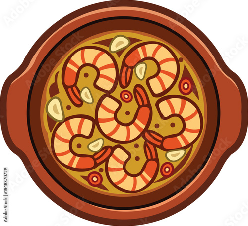 Spanish Gambas al Ajillo Garlic Shrimp Tapas Illustration in Clay Dish Rustic Mediterranean Seafood