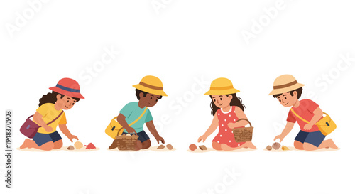Four diverse children, two boys and two girls, are kneeling on sand, happily collecting seashells and pebbles while wearing hats and summer attire.