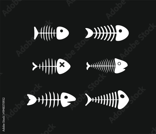 Set of fish bone skeleton icons in flat white style isolated on dark background for fishing or food design