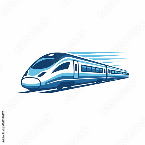 A sleek, modern high-speed train zipping along tracks, showcasing its aerodynamic design and speed through dynamic motion lines that convey a sense of movement and efficiency.