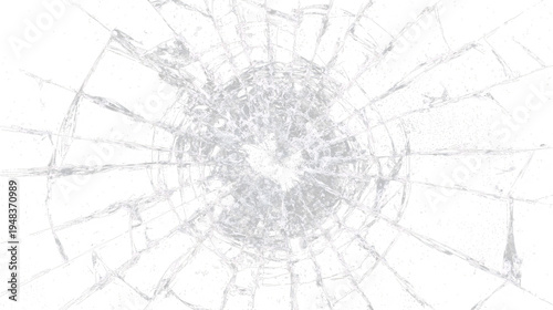 Shattered glass with a hole in the center shows cracks radiating outward on a transparent background during daytime