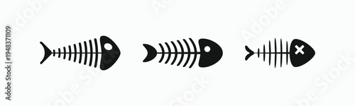 Set of black fish bone skeleton icons with different head and tail shapes isolated on white background