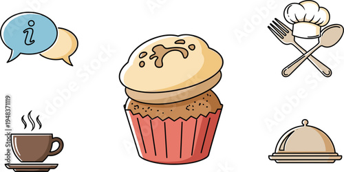 Colorful restaurant and bakery icon set with delicious cupcake, chef hat, hot coffee cup and catering service symbols, vector illustration isolated on white background